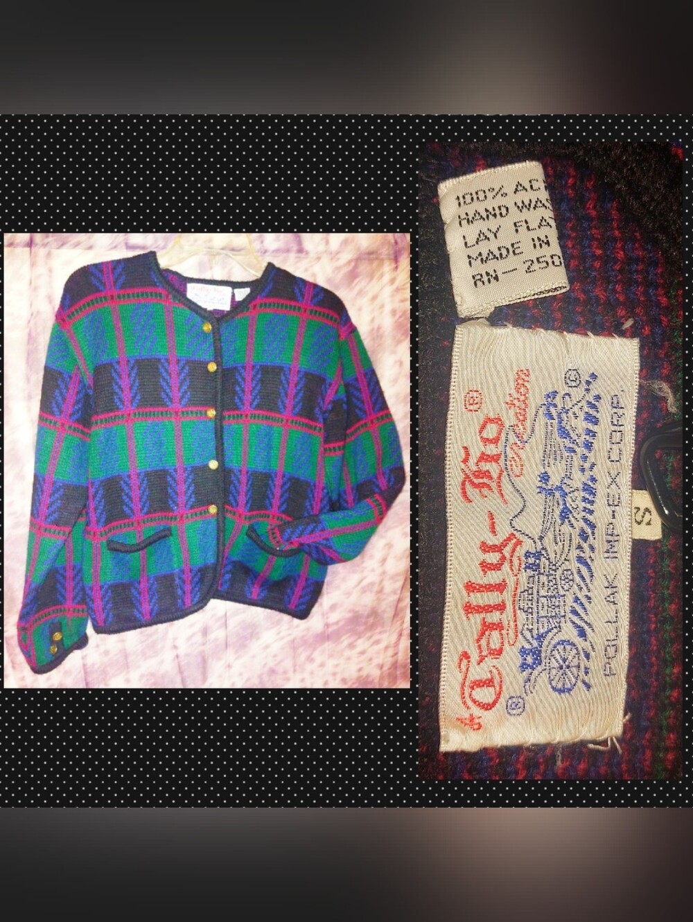 Tally-Ho brand Black/Multiclr Dark Plaid Button Front Soft Knit Cardigan Sz Sml